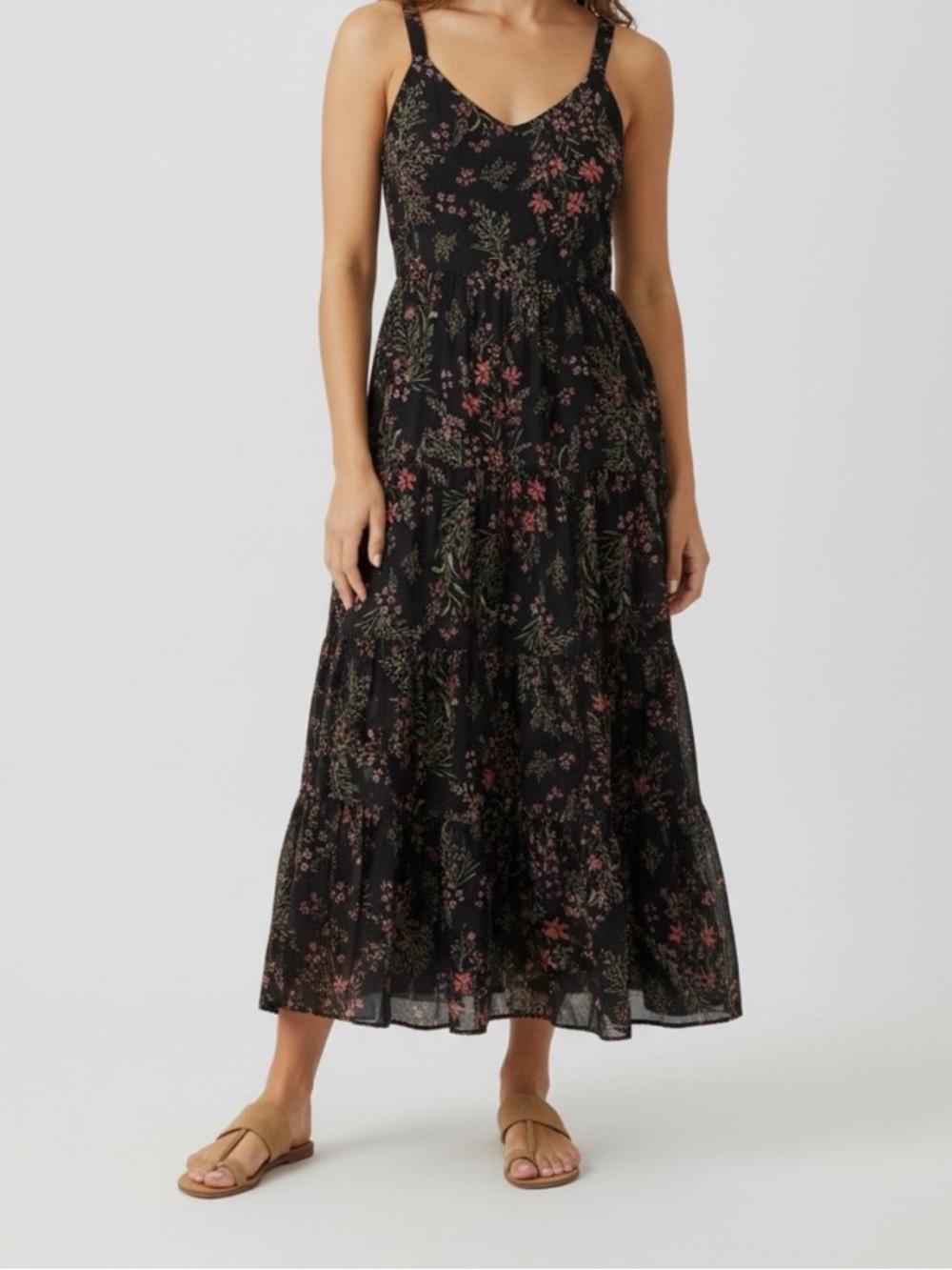 Rachel Zoe Black Floral Tiered Maxi Dress with Pink and Green Floral Print - Picture 1 of 6